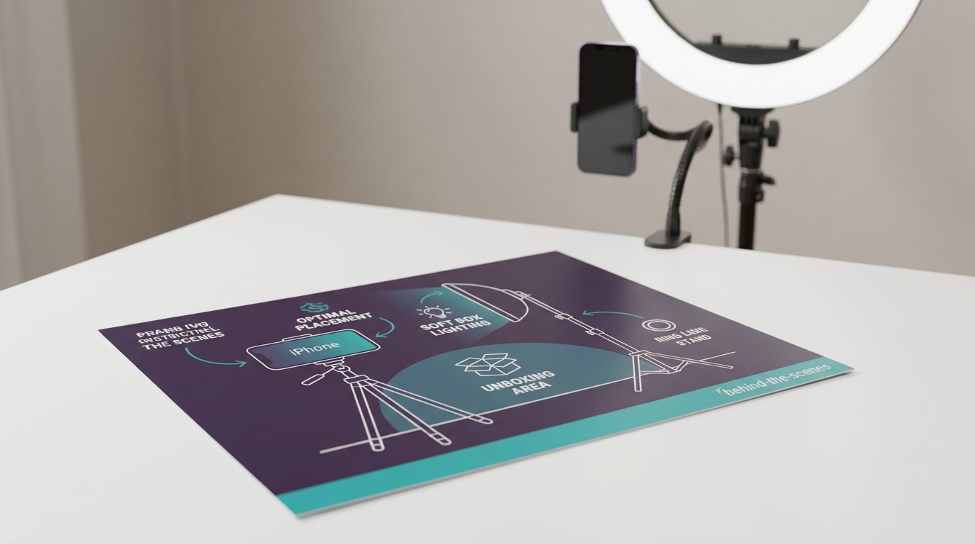 An insert card showing a customer how to set up their iPhone camera and lighting for the perfect unboxing shot