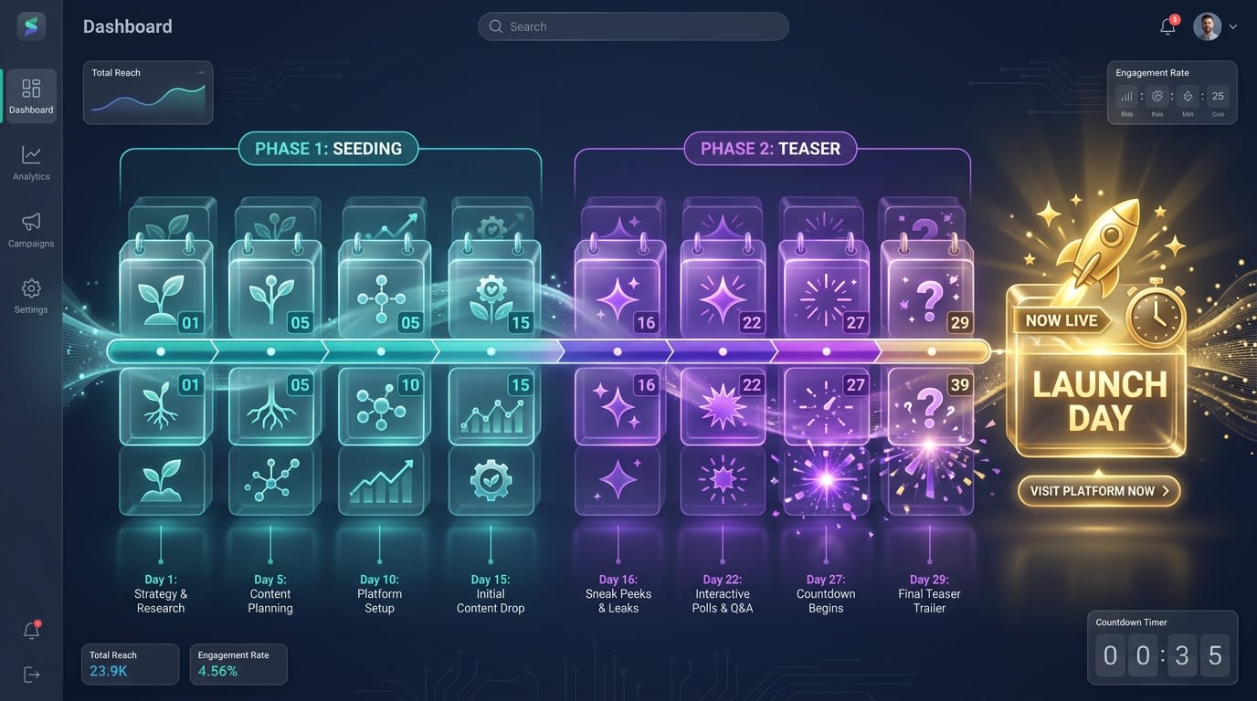 Calendar graphic showing a 30-day timeline divided into Seeding, Teaser, and Launch Day phases
