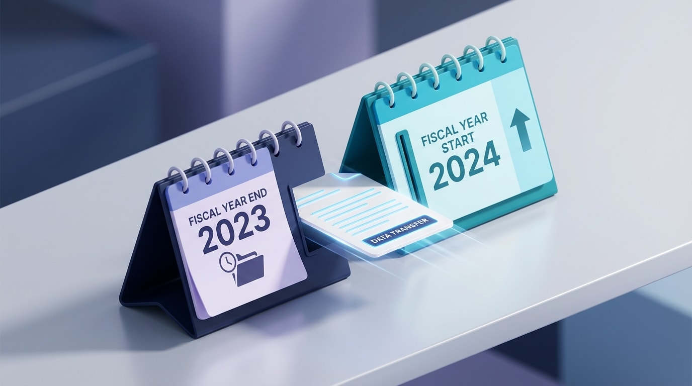 Calendar graphic showing a fiscal year transition with a clean document handover