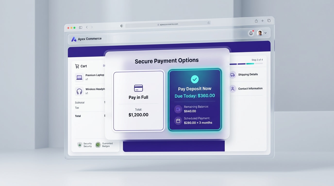 Checkout screen diagram showing a deposit split payment option