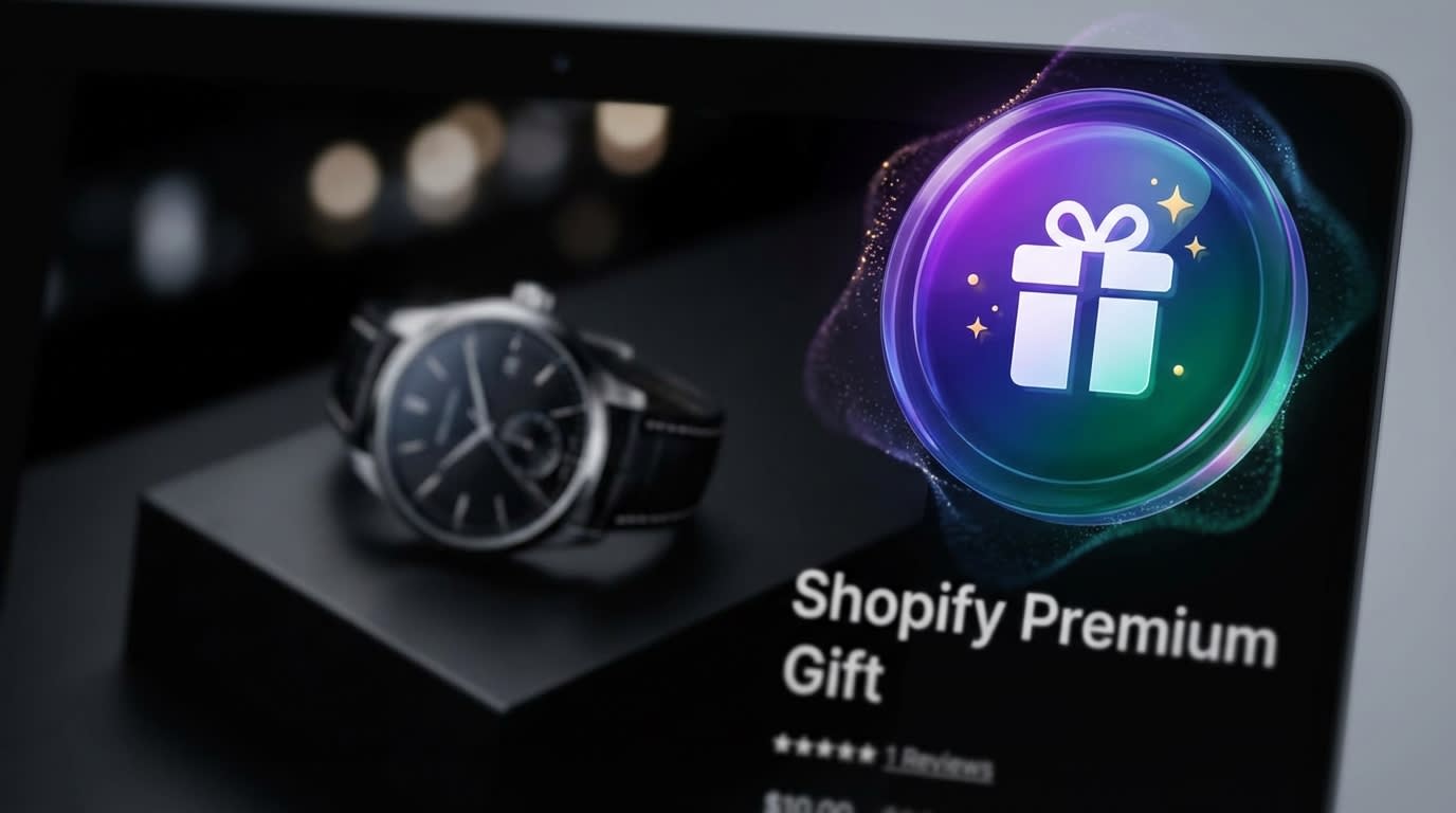Close up of an animated sparkling gift badge on a premium Shopify product