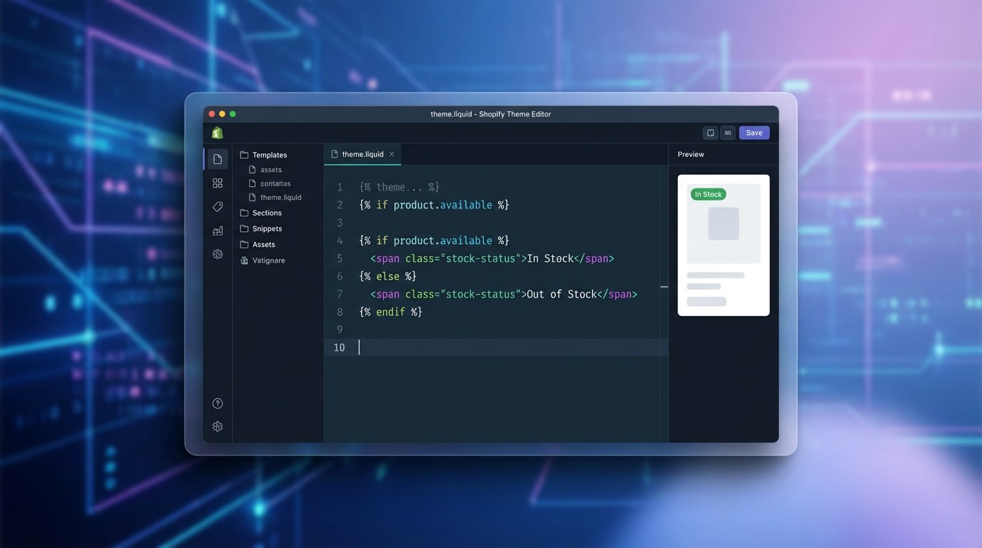 Code snippet interface in Shopify theme editor showing an if-else statement for product inventory
