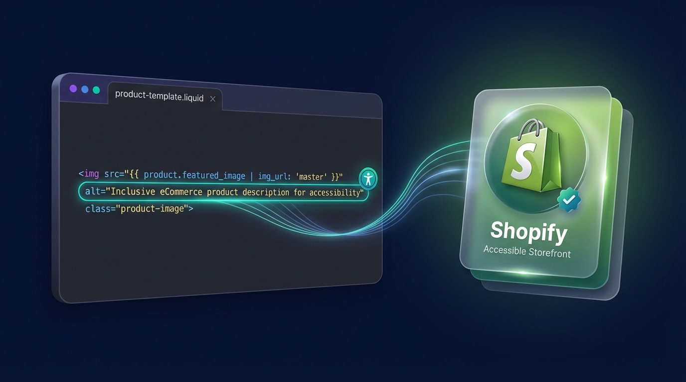 Code snippet visualization showing alt text applied to a Shopify SVG badge