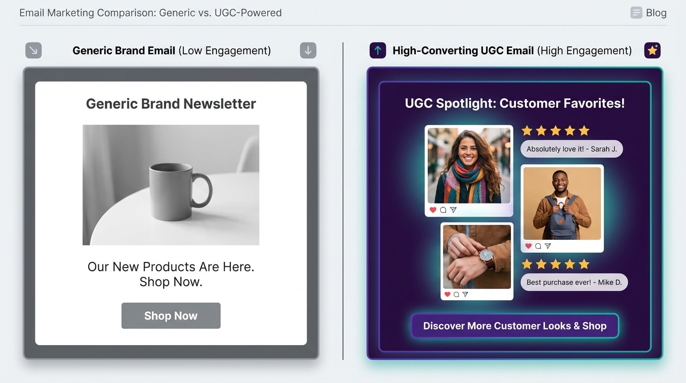 Collage showing a generic brand email next to a high-converting UGC-focused email with authentic customer photos