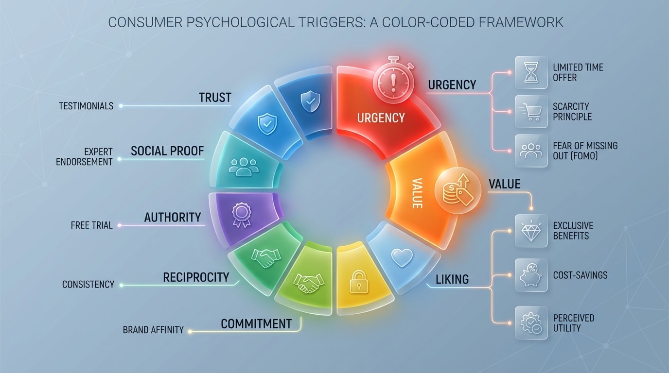 Color wheel infographic mapping specific badge colors like Red and Orange to consumer psychological triggers like Urgency and Value