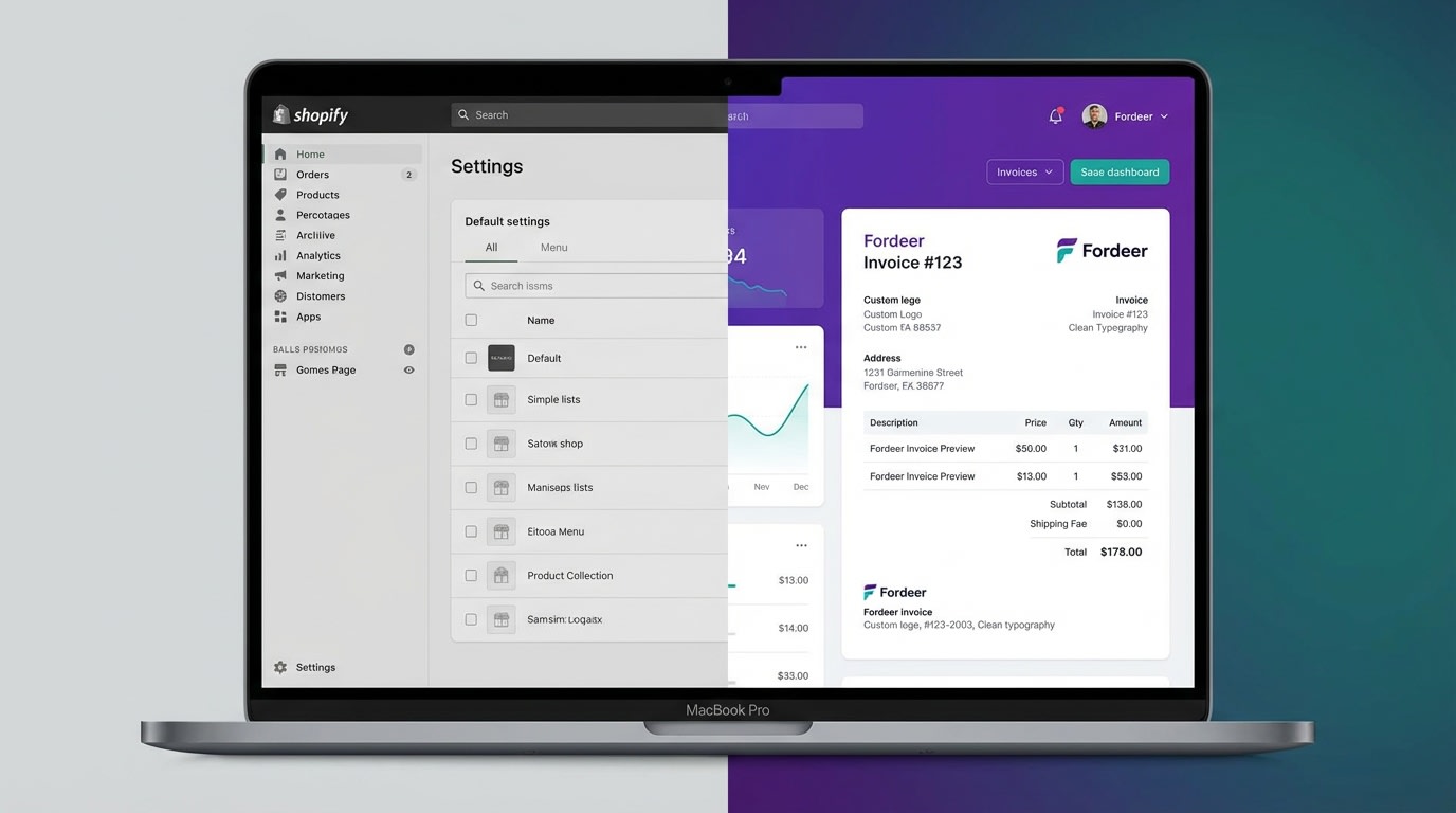 Comparison dashboard showing default Shopify invoice settings versus a Fordeer customized branded invoice