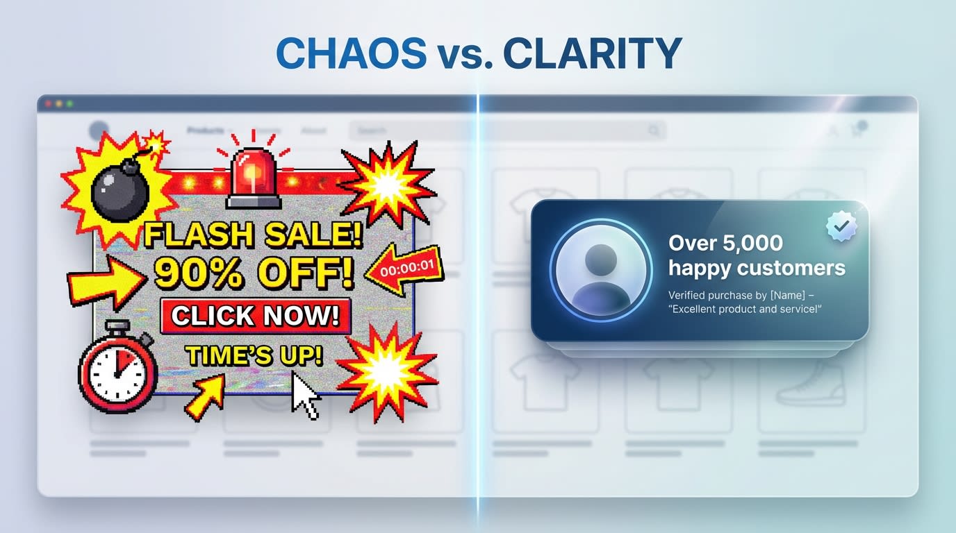 Comparison of a spammy fake sales notification vs a clean, branded social proof popup