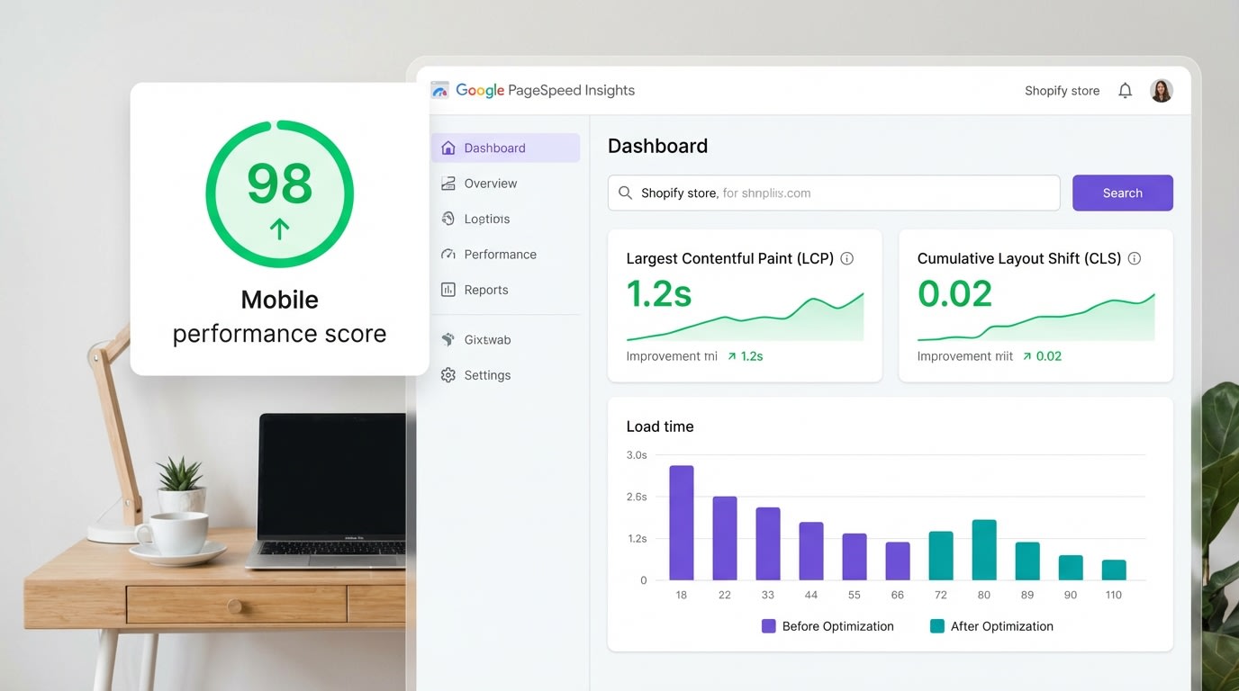 Dashboard showing Google PageSpeed Insights for a Shopify store with improved mobile loading times