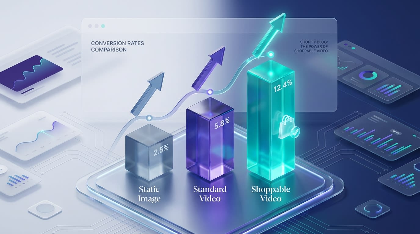 Data visualization showing conversion rate differences between static images, standard video, and shoppable video in Shopify stores