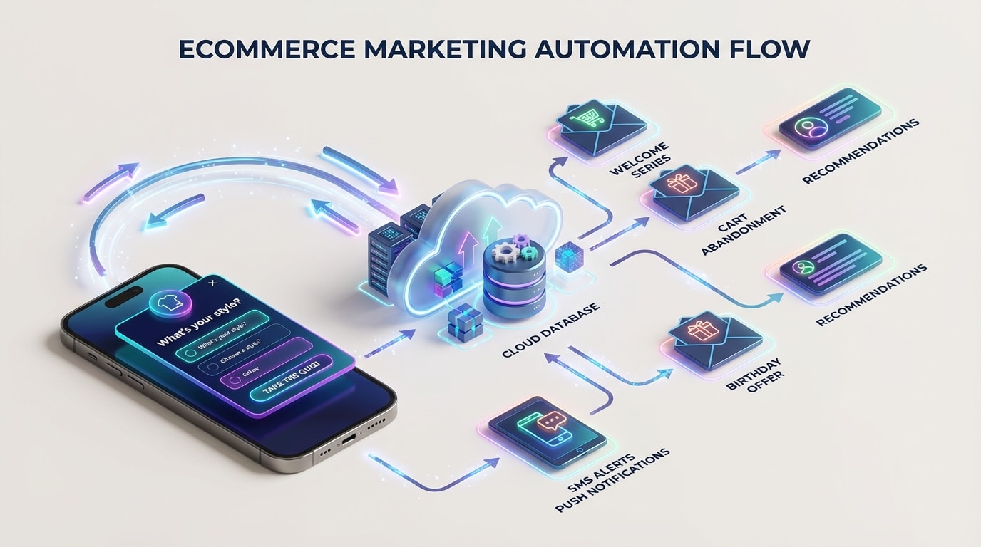 Diagram showing a customer taking a popup quiz, the data routing to Klaviyo, and triggering a personalized email flow