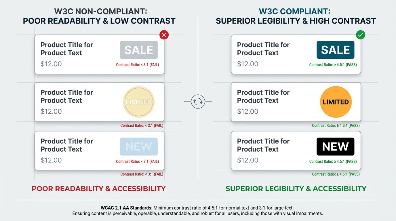 Diagram showing high contrast vs low contrast product badges according to W3C standards
