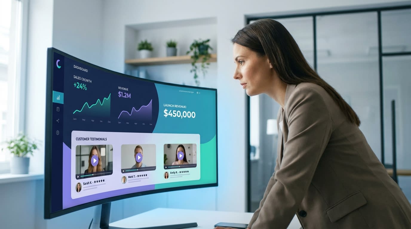 Ecommerce manager reviewing a product launch dashboard tracking customer videos and early sales data