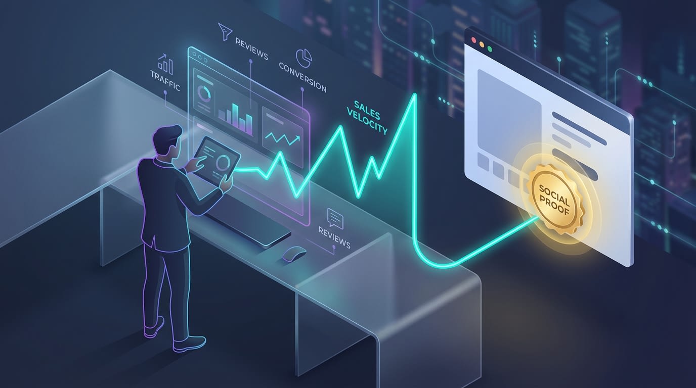 Ecommerce seller analyzing a line graph showing sales velocity spikes leading to a social proof badge on their product page