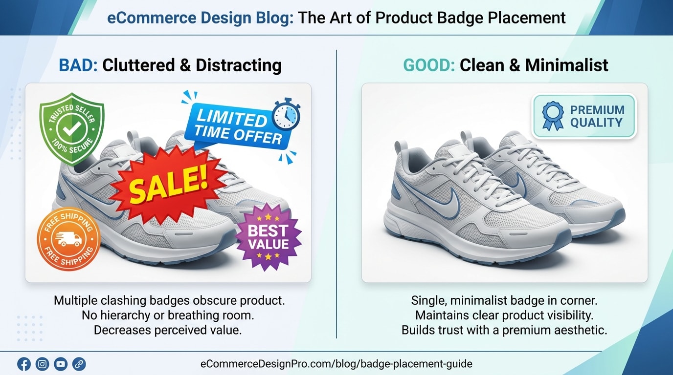 Examples of good vs bad badge placement on product photos