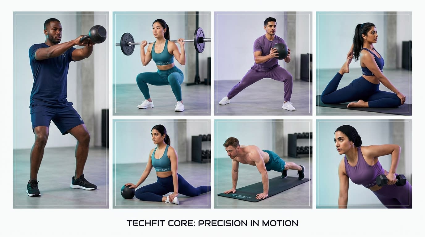 Grid of diverse fitness creators demonstrating proper workout form wearing branded gear