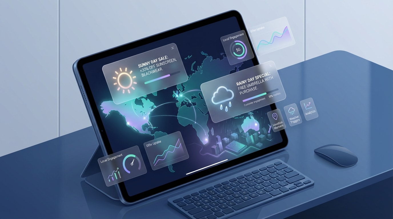 Map interface showing different popup offers triggering based on the customer's local weather or region