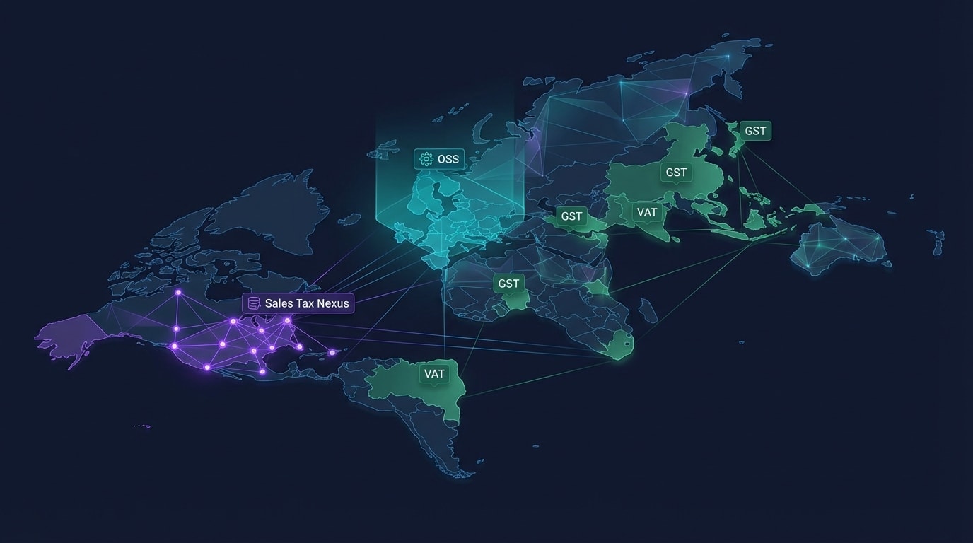 Map showing global tax jurisdictions including EU OSS, US Sales Tax Nexus, and GST regions to visualize compliance complexity