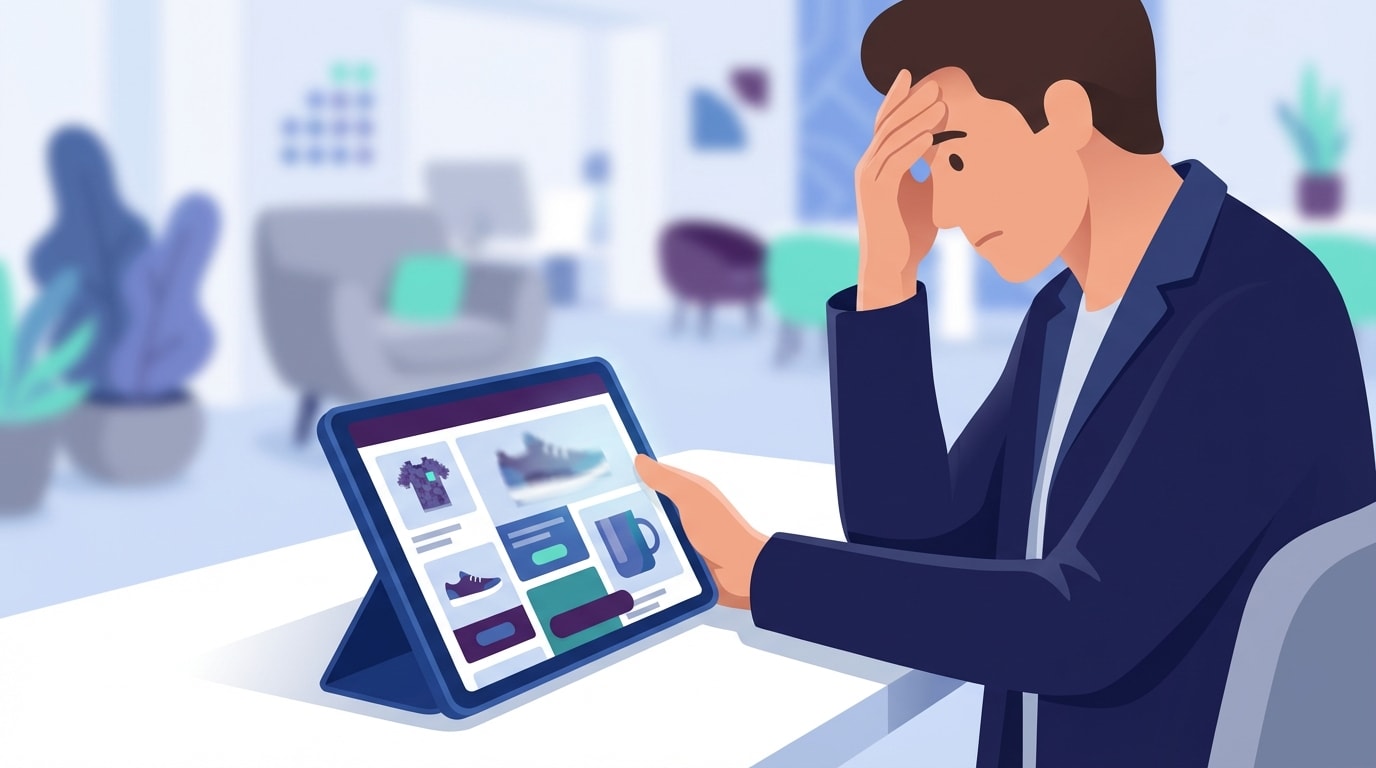 Merchant looking frustrated at a disorganized Shopify collection grid on a tablet