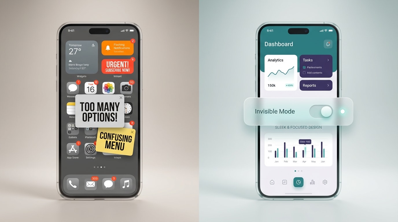 Mobile mockup comparing a messy screen with overlapping widgets vs a clean screen using the invisible toggle strategy