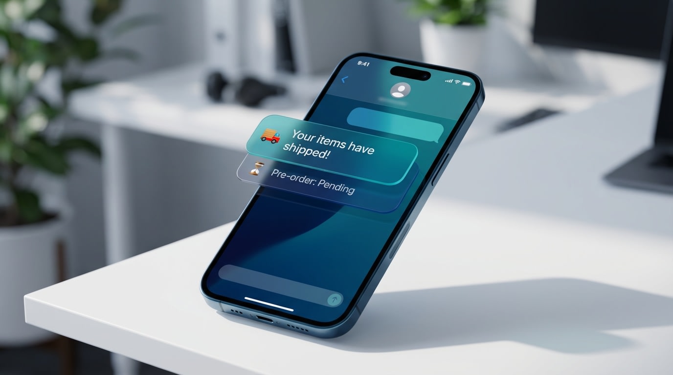 Mobile mockup of an automated SMS notifying a customer that part of their order has shipped while the pre-order is pending