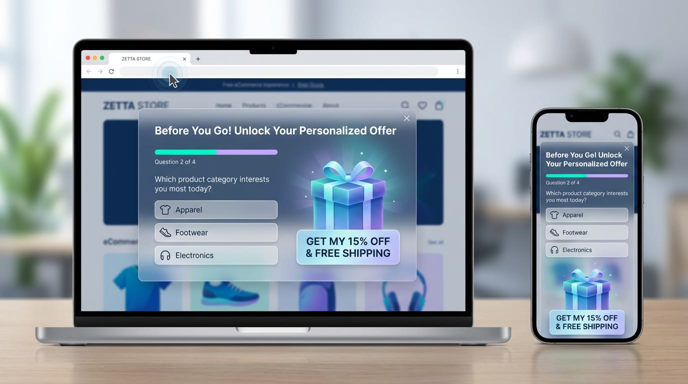 Mobile-responsive popup template triggering an exit-intent quiz with a tailored incentive