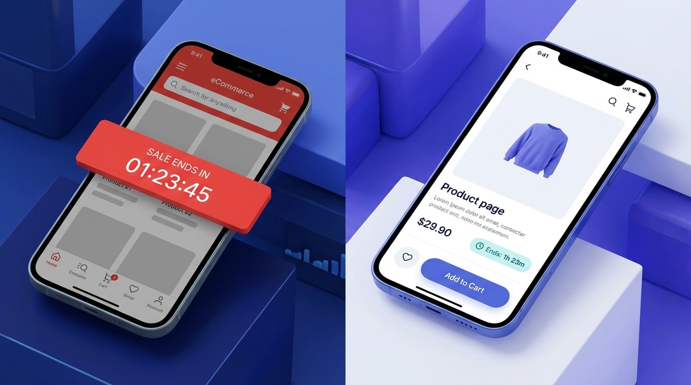 Mobile split screen comparing a clunky sticky countdown bar vs a sleek product countdown badge next to an add to cart button