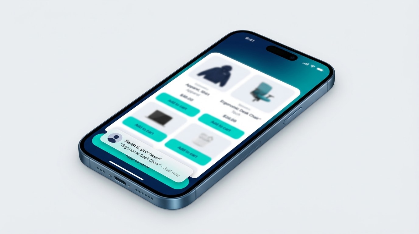 Mobile view of a discrete, non-intrusive recent sales notification popping up in the bottom left corner