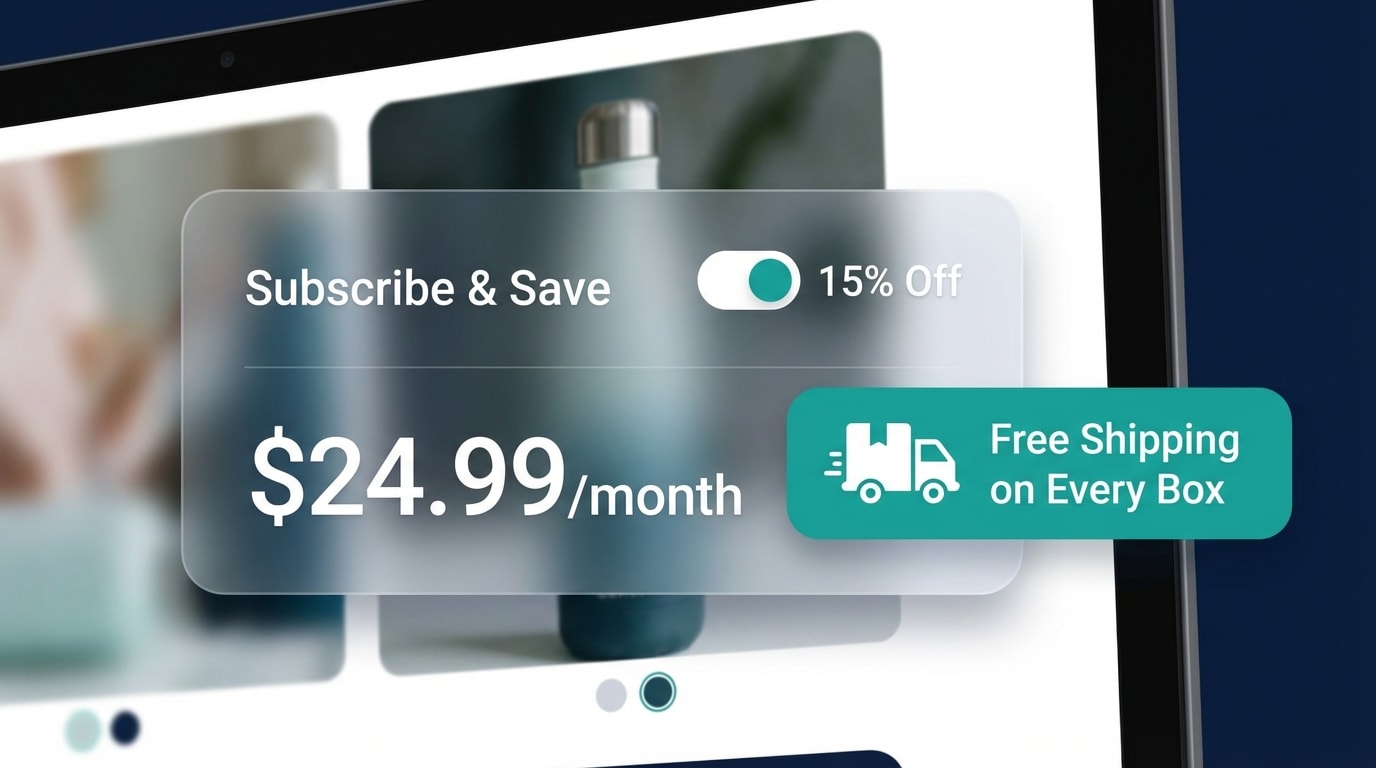 Product page mockup showing a 'Free Shipping on Every Box' badge next to the subscription option