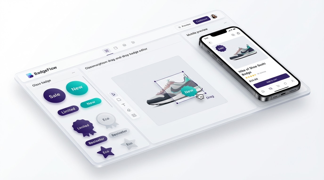 Screenshot of the Fordeer App Interface showing a drag-and-drop badge editor with mobile preview capabilities