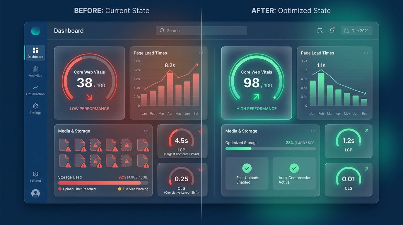 Shopify admin dashboard showing media upload limits and Core Web Vitals speed score comparison