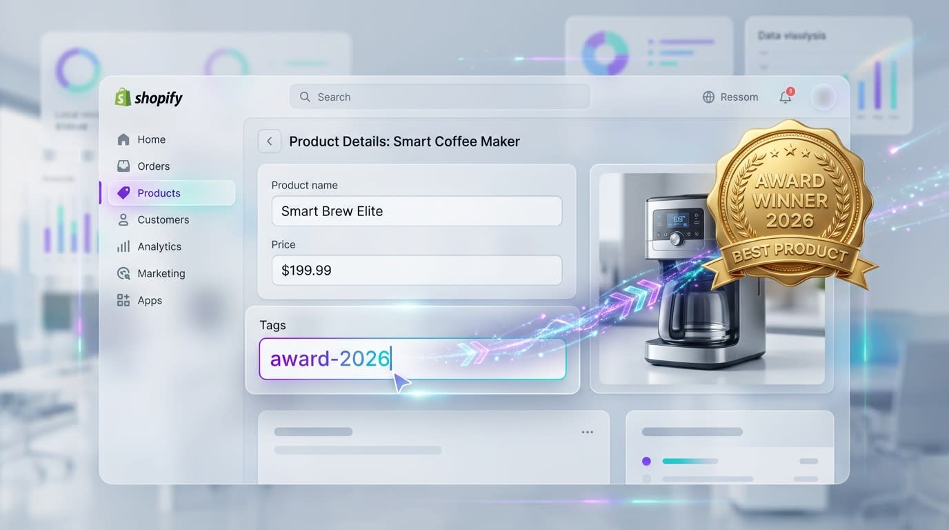Shopify admin dashboard showing an 'award-2026' tag automatically triggering a gold seal via rule-based automation