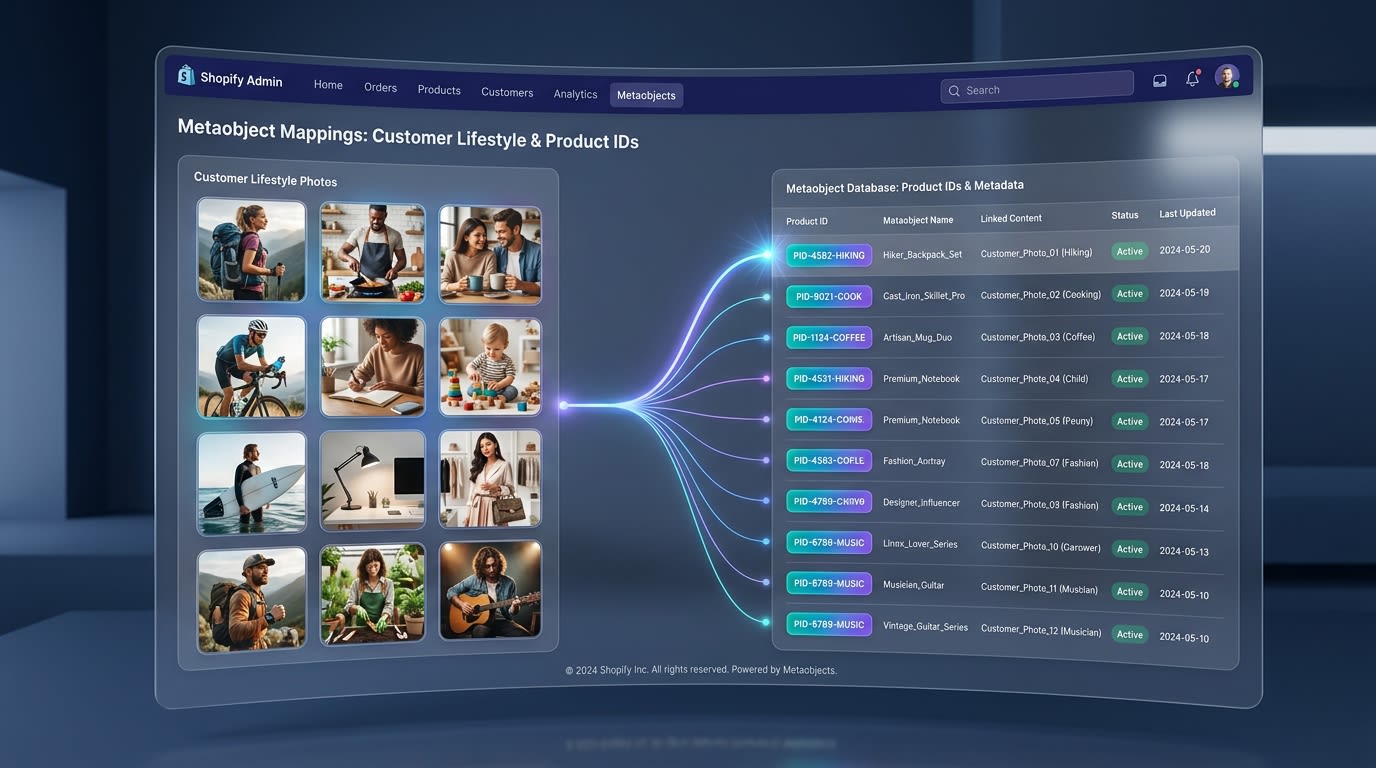 Shopify admin dashboard showing how to link customer photos directly to product IDs using metaobjects