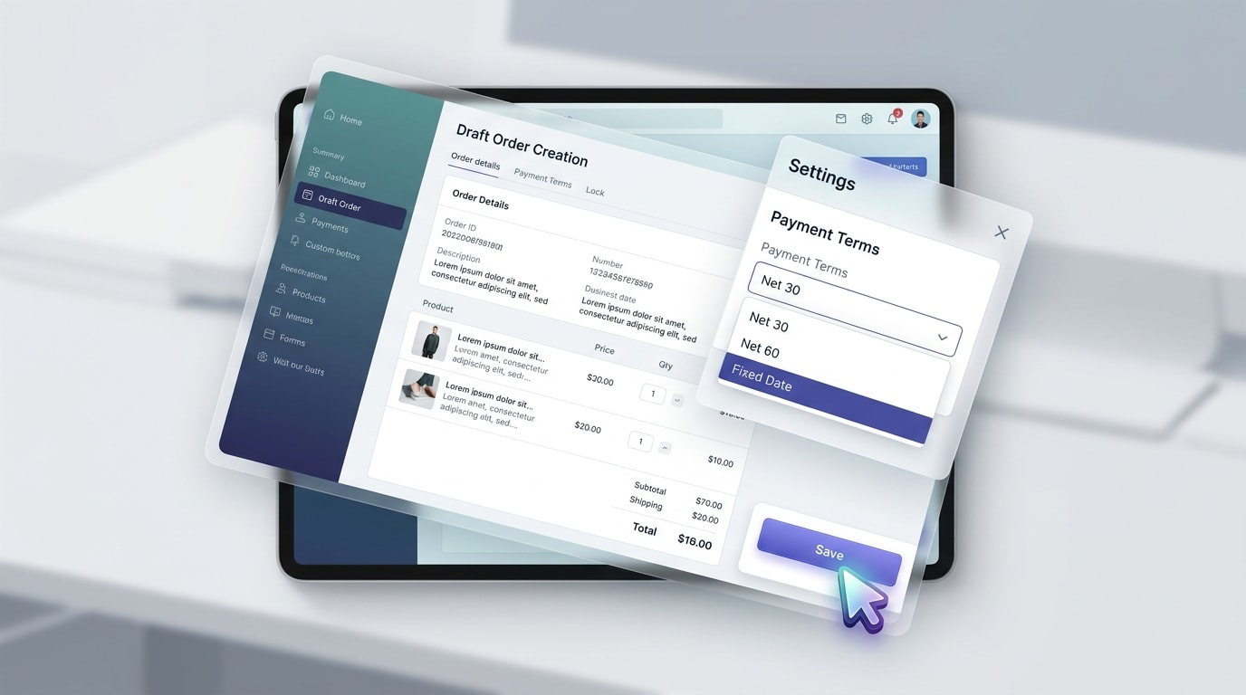 Shopify admin dashboard showing the creation of a Draft Order with custom payment terms applied