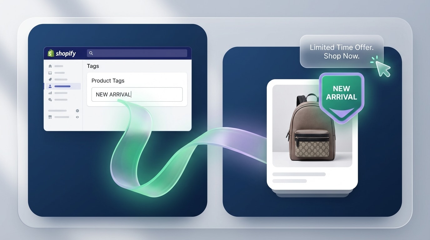 Shopify admin dashboard showing a product tag being converted into a visual frontend badge with a tooltip