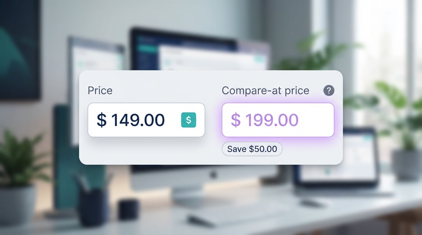 Shopify admin interface showing the compare-at price field next to the standard price field