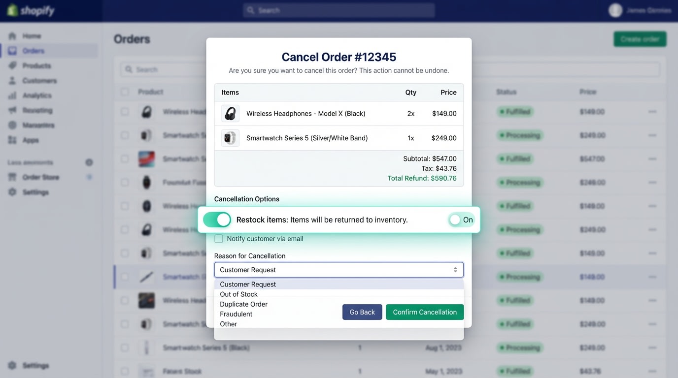 Shopify admin interface showing the cancellation flow for an unfulfilled order with the restock toggle highlighted