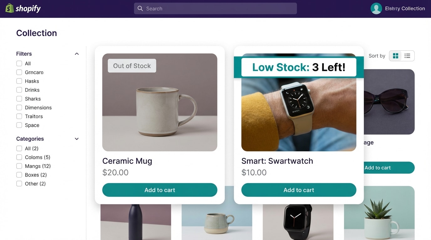 Shopify collection page showing a clean, high-converting out of stock badge next to low stock urgency labels