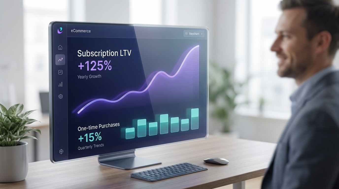 Shopify merchant analyzing a dashboard showing high LTV for subscription products versus one-time purchases