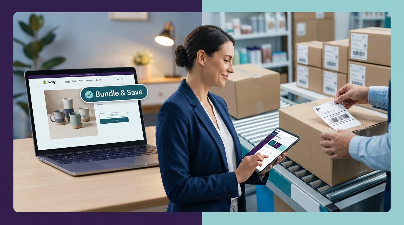 Shopify merchant comparing a digital 'Bundle & Save' badge on a storefront with a printed shipping label from the warehouse