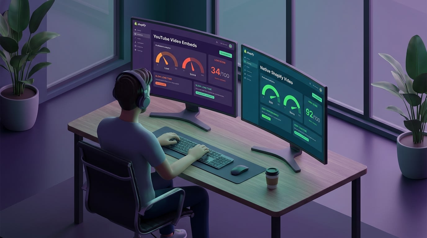 Shopify merchant comparing page speed scores on a dual monitor setup, weighing YouTube vs Native video hosting