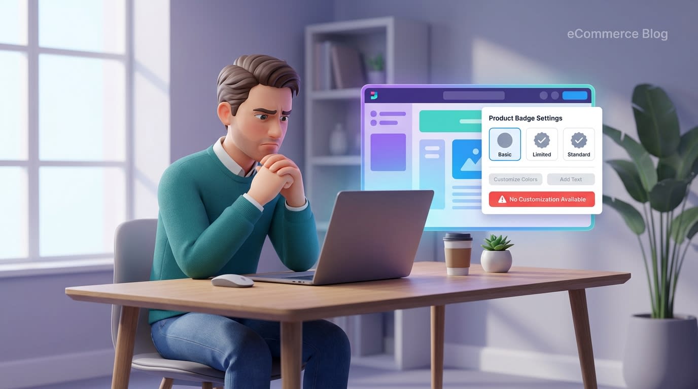 Shopify merchant frustrated by limited default theme badge settings on their laptop