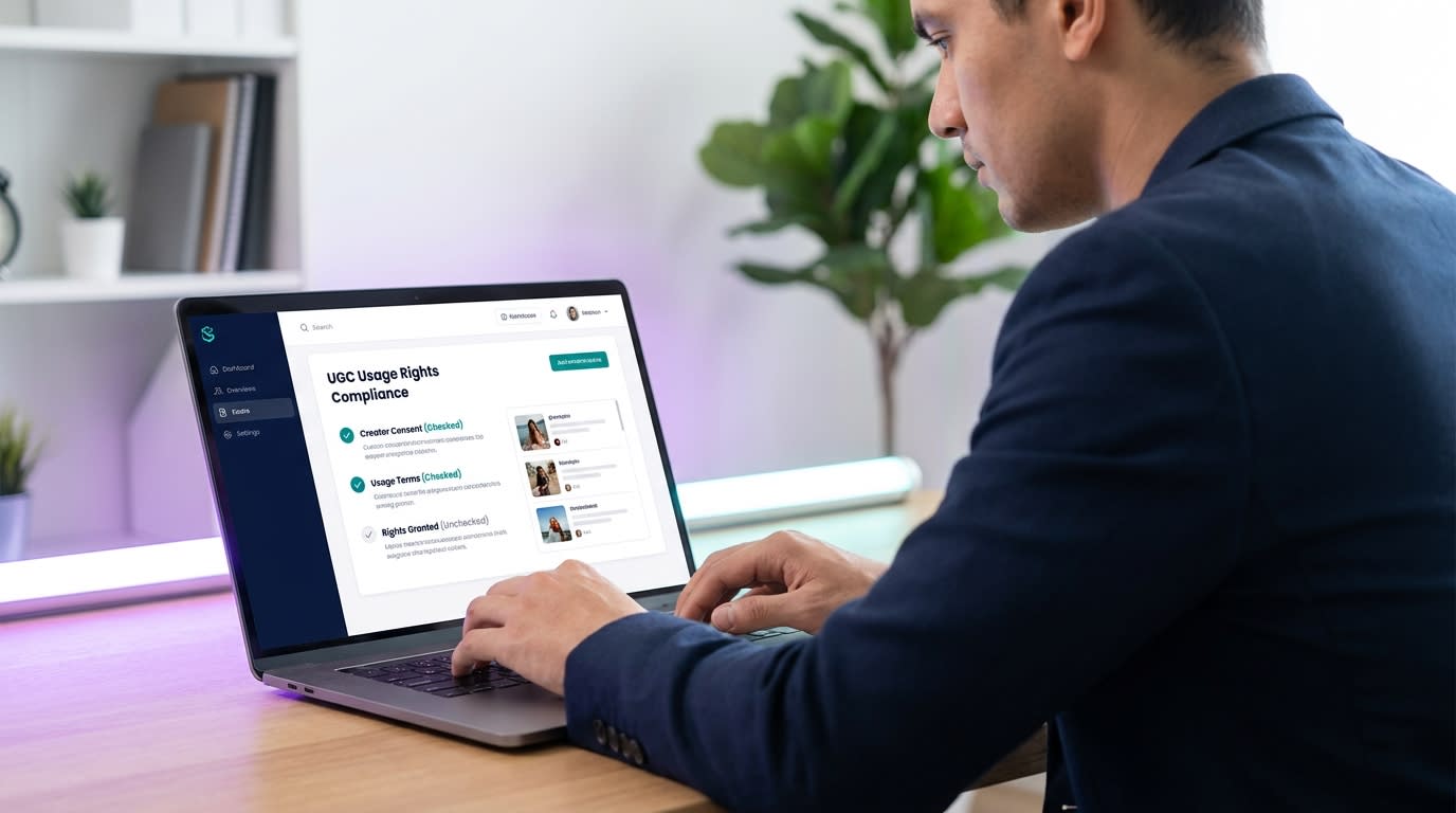 Shopify merchant looking at a legal checklist for UGC usage rights on a laptop