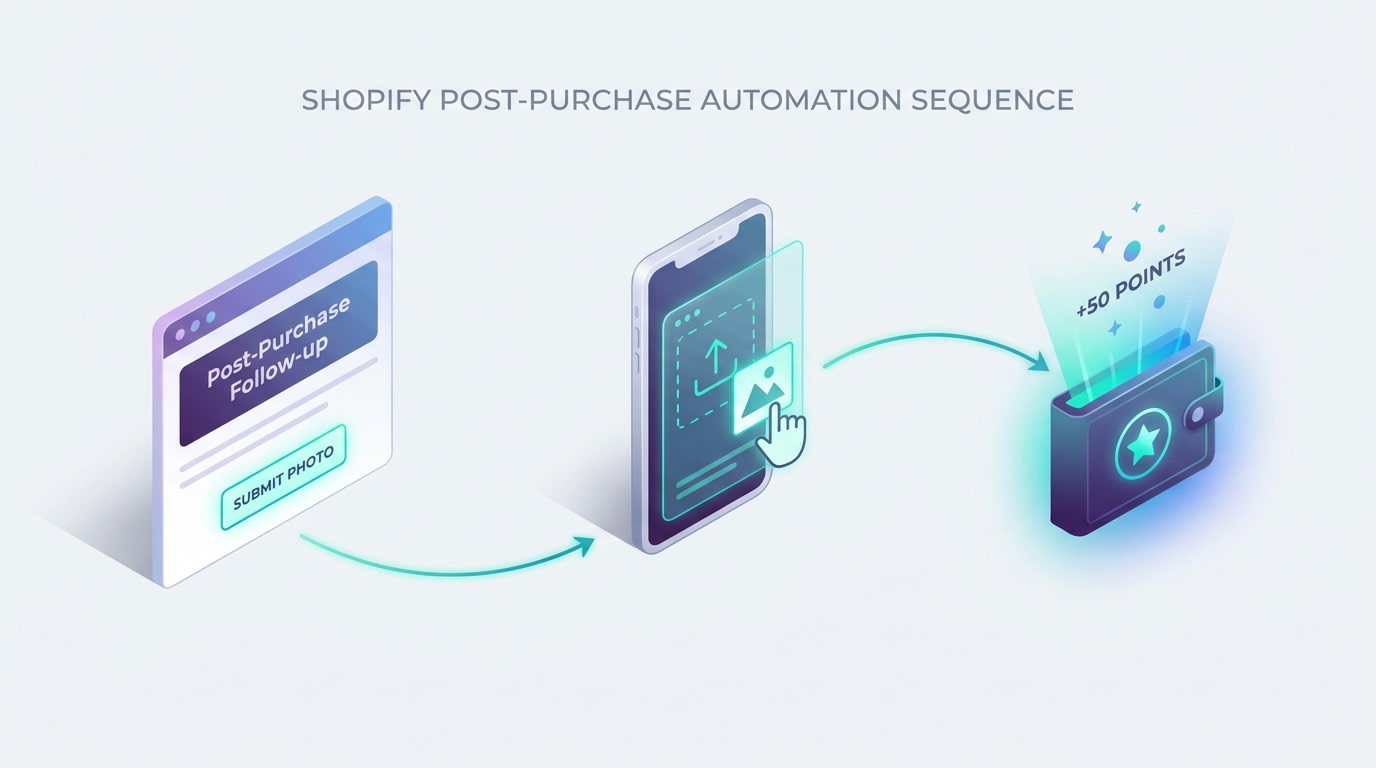 Shopify post-purchase email flow diagram showing a customer submitting a photo in exchange for loyalty points