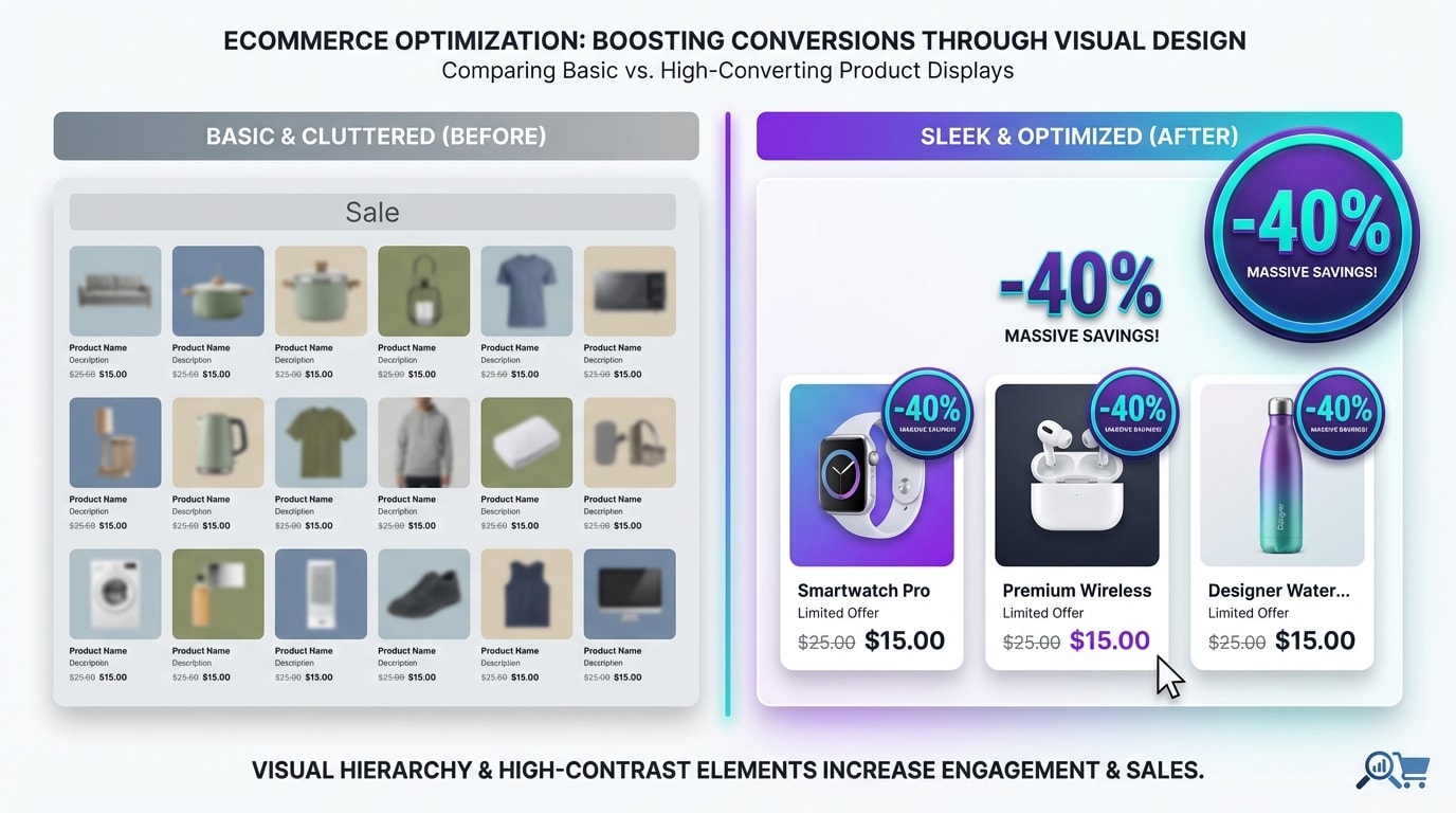 Shopify product grid showing a split screen of a basic text sale label versus a high-contrast percentage discount badge