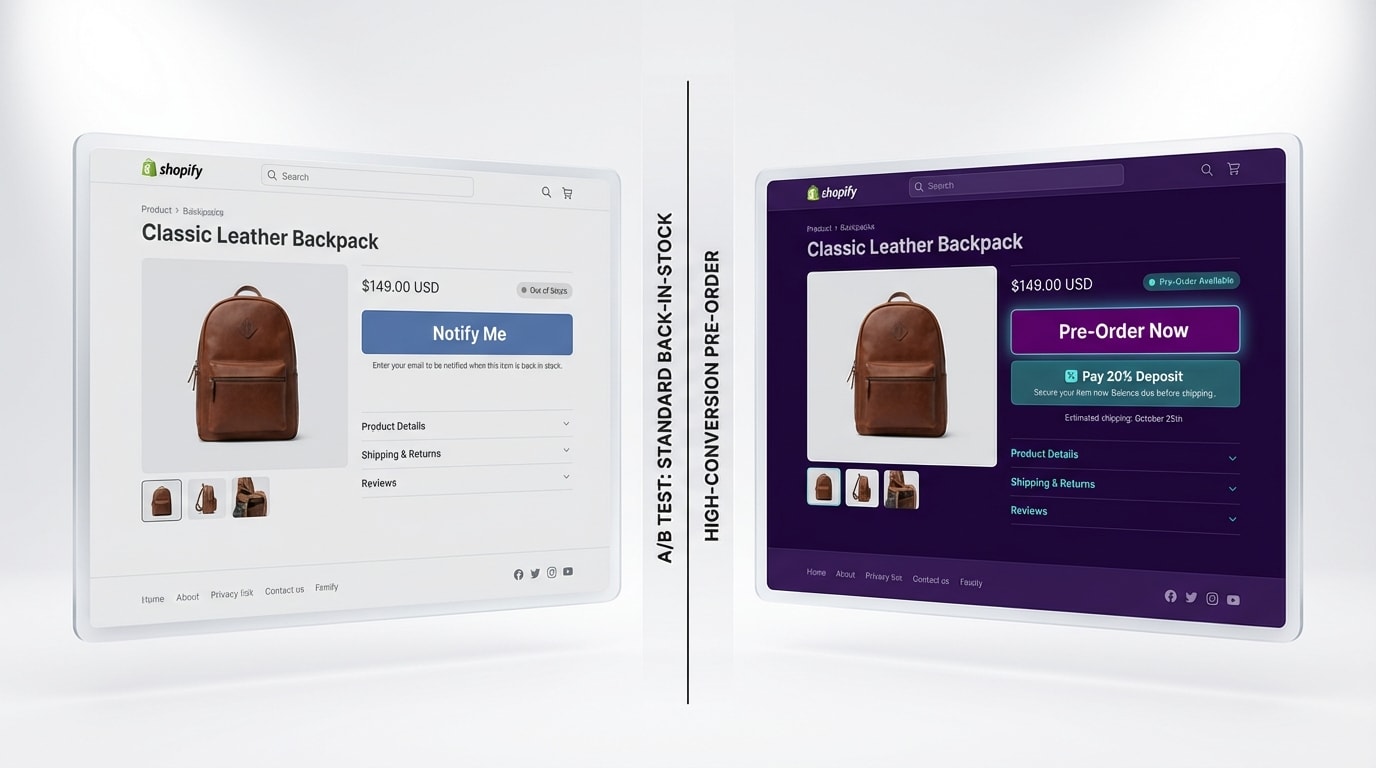 Shopify product page showing a split test between a Notify Me button and a Pre-Order Now button with partial payment options