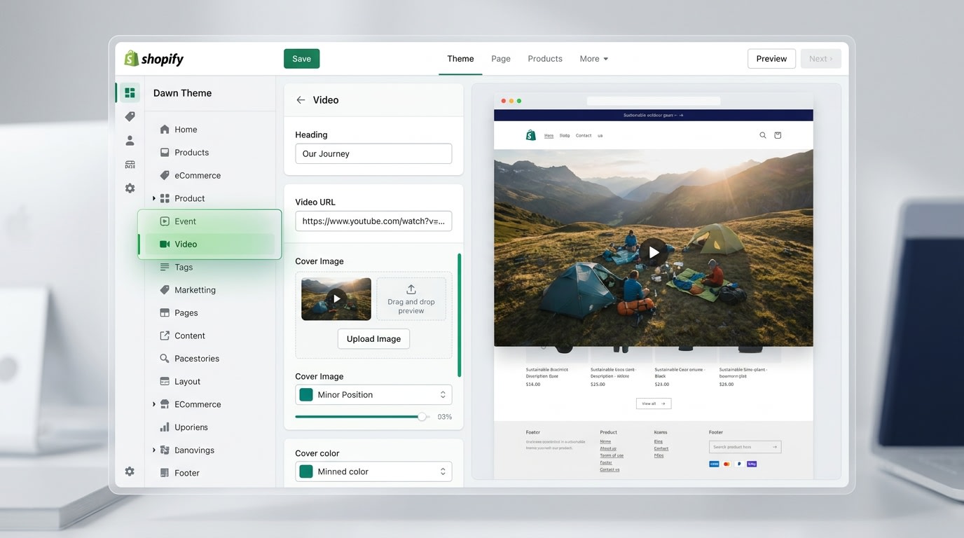 Shopify Theme Editor interface showing the Dawn theme customization sidebar with a video block selected