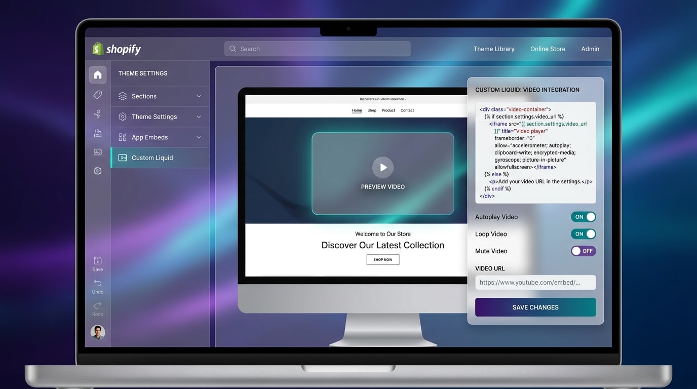 Shopify Theme Editor interface showing a custom Liquid block for video integration
