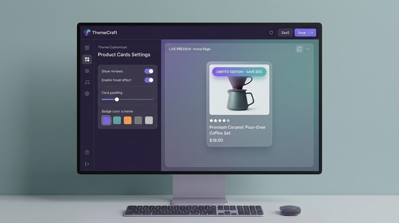 Shopify Theme Editor panel showing the Product Card settings and badge color scheme toggles
