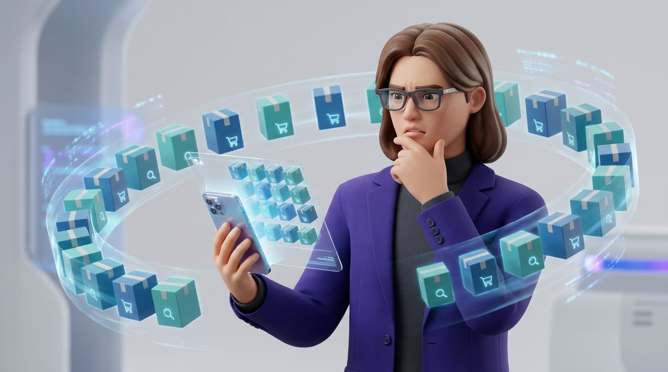 Shopper looking at a smartphone screen with dozens of identical products, illustrating analysis paralysis
