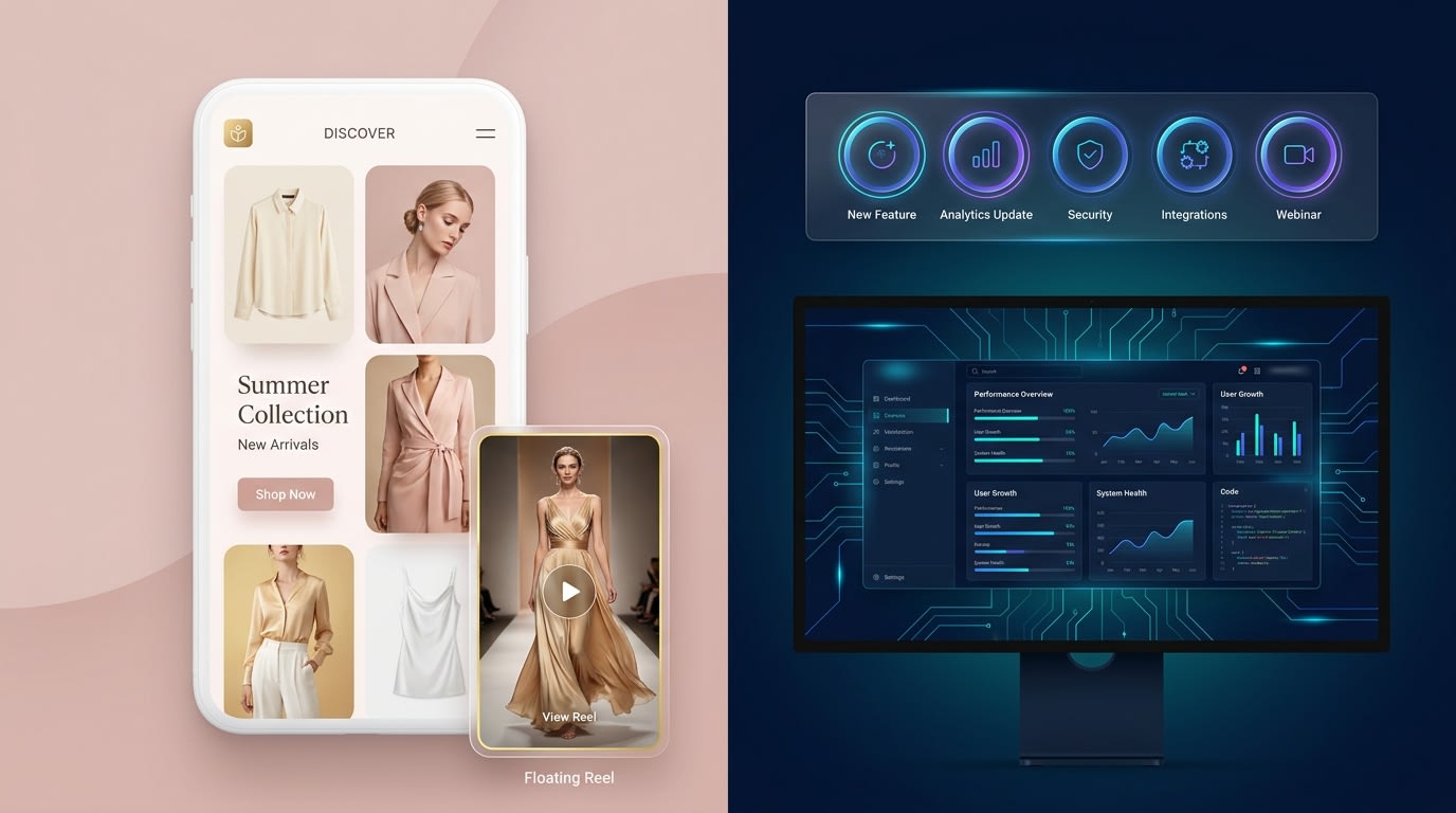 Side-by-side comparison of a Floating Reel on a fashion site vs a Story Carousel on a tech site